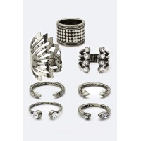 Aztec Boho Oxidized Silver Crystal Knuckle Open Rings Set